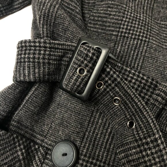 𝅺RICKI’S Grey Plaid Military Style Belted Wool Blend Thick Peacoat Trench Coat - Picture 7 of 16